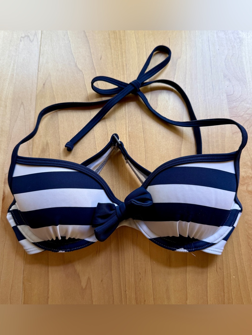 Hollister Striped Navy and White Tie Halter Bikini Top